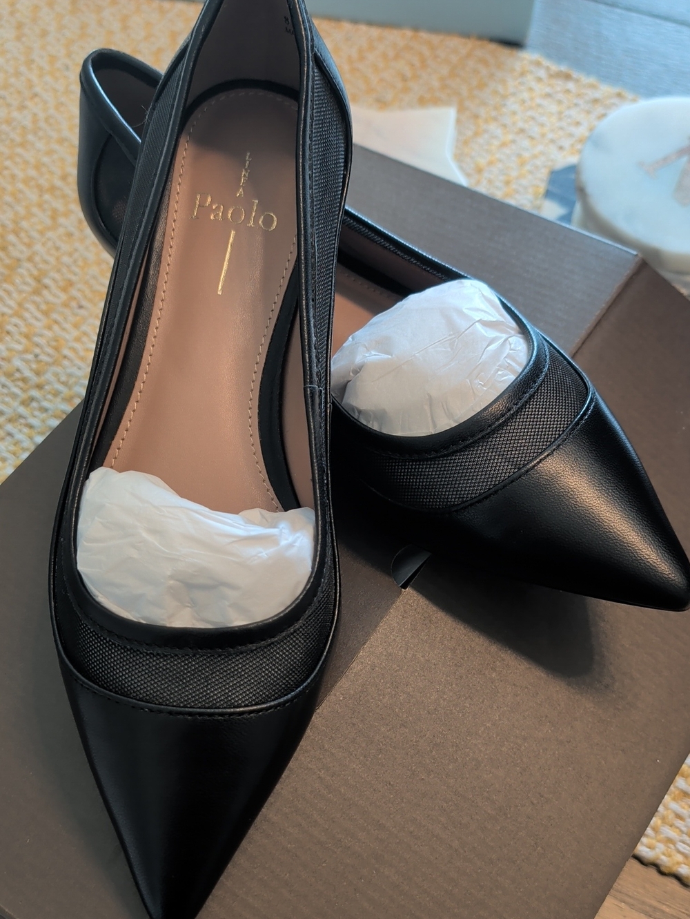 Paolo Pointed Toe Black Mesh-Trim Flats - Women